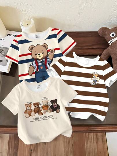 3pcs/Pack Baby Boy Casual Minimalist Round Neck Short Sleeve Loose T-Shirt, Suitable For Summer