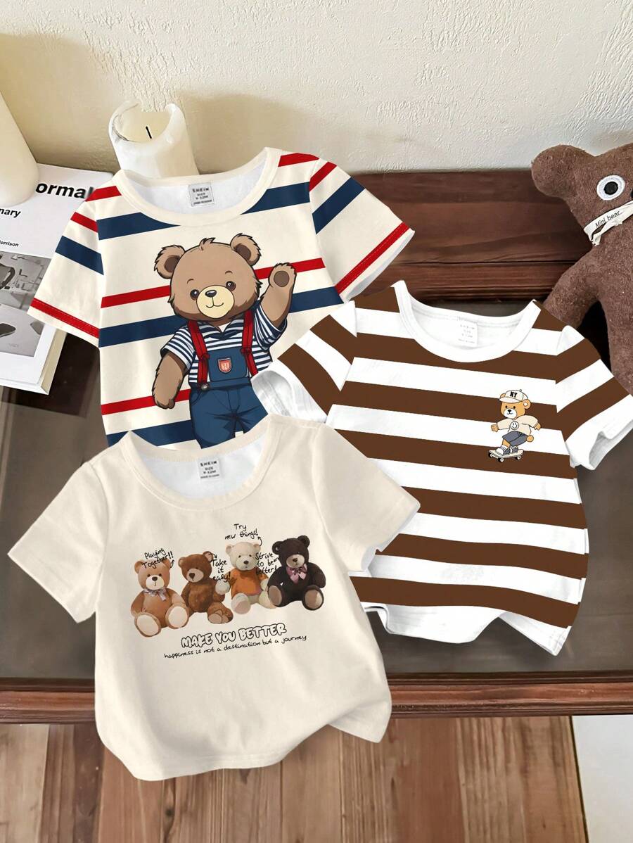 3pcs/Pack Baby Boy Casual Minimalist Round Neck Short Sleeve Loose T-Shirt, Suitable For Summer