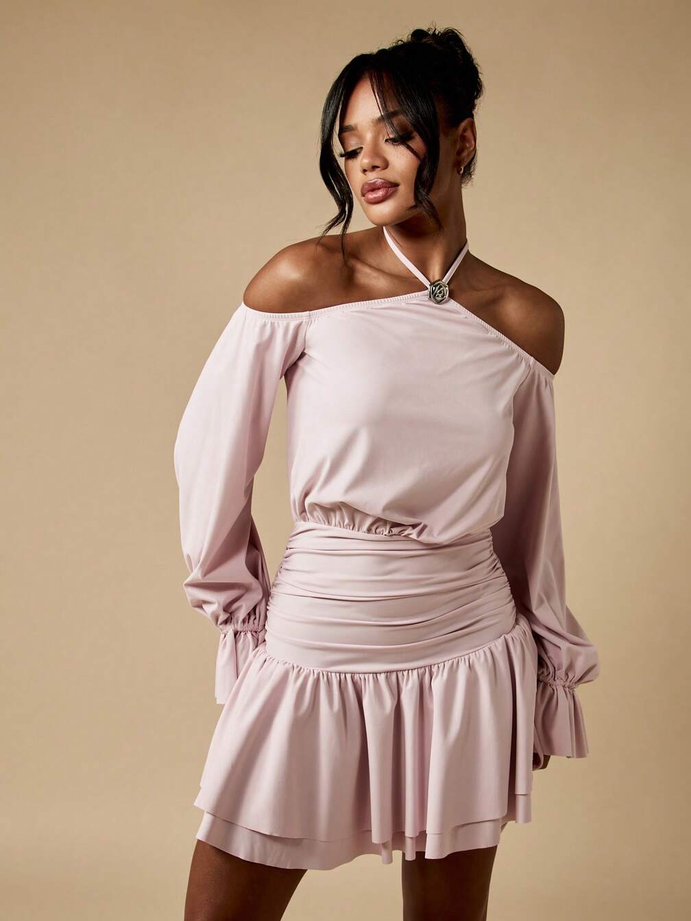 off shoulder flounce sleeve ruched dress Moonrise Off-Shoulder Long Sleeve Ruched Dress White