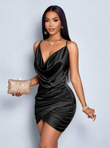 SOLERSUN Elegant Solid Color Draped Collar Backless Ruched Satin Party Bodycon Short Dress