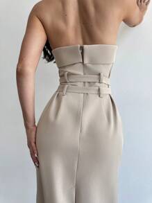 Firerie Nuevo estilo de vestido casual y elegante de verano con apariencia de lino, con doble cinturón, hombros descubiertos y abertura - Caqui - Ver 3