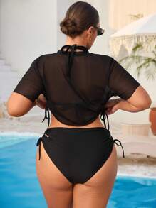 Swim Vcay 3pcs Plus Size Women Tropical Plant Print Cover-Up With Ladies Tank Top & Bikini Beach Swimsuit Set, Vacation/Leisure Fashion For Summer