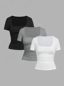 Slaydiva 3pcs/Set Women Casual Square Neck Ruched Fitted Short Sleeve T-Shirt Set, Suitable For Summer - Multicolor - View 1