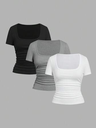Slaydiva 3pcs/Set Women Casual Square Neck Ruched Fitted Short Sleeve T-Shirt Set, Suitable For Summer