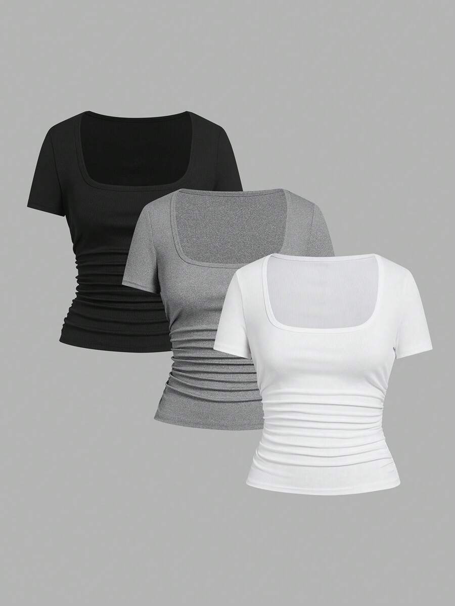 Slaydiva 3pcs/Set Women Casual Square Neck Ruched Fitted Short Sleeve T-Shirt Set, Suitable For Summer - Multicolor - View 1