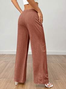 SHEIN PETITE Women's Linen High Waisted Summer Baggy Pants,Fall Women Clothes - Rust Brown - View 2