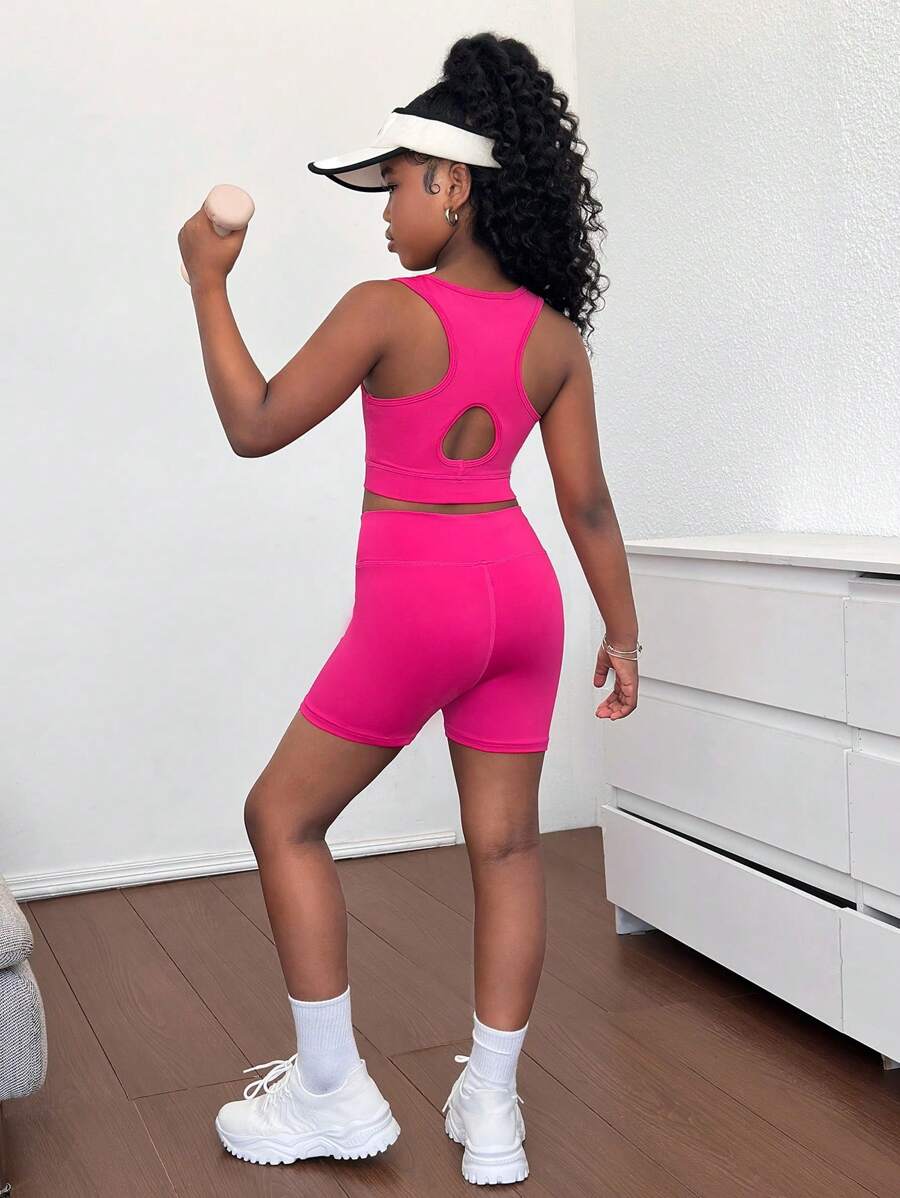 SHEIN Setelan Atasan Camisole Rajut Polos Berlubang di Bagian Belakang dan Celana Pendek Biker untuk Anak Perempuan Remaja, Cocok untuk Yoga, Hari Olahraga, dan Kembali ke Sekolah. - Hot Pink - View 1