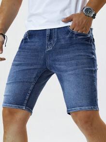 Manfinity Homme شورت جينز رجالي بقصة نحيفة مريحة ، صيفي - الأزرق - مشاهدة 2