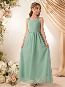 少女法式腰带 A 字裙，派对婚礼优雅花童伴娘度假连衣裙 - 綠色 - 查看 5