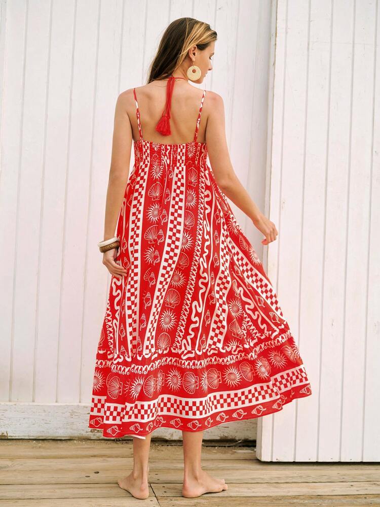 SHEIN Maija Women's Checkered Seashell Print Casual Strap Dress For Summer Vacation