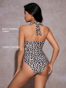 SHEIN Swim Women's Deep V-Neck Hollow Animal Leopard Print Beach Vacation One-Piece Swimsuit, Slimming And Shaping Design For Summer - Multicolor - View 1