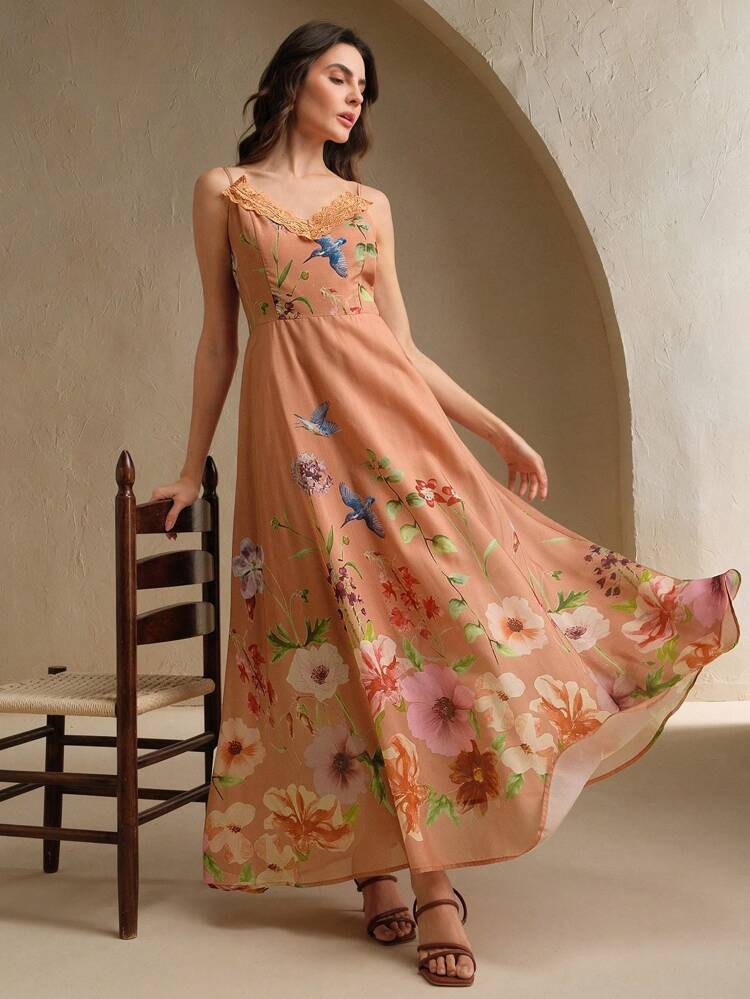 New V-Neck Floral Print Flowy A-Line Slip Dress, Elegant Ladies Dress For Spring & Summer
