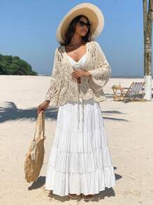 DAZY Boho Vacation Style Crochet Hollow Out Knitted Cardigan For Women, Spring/Summer, Tie Front Crop Top, Fall Cruise - Beige - View 4