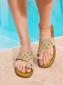 Styleloop Women's Fashion Gold Studded Embellished Flat Sandals, Suitable For Vacation Outfits - Apricot - View 4