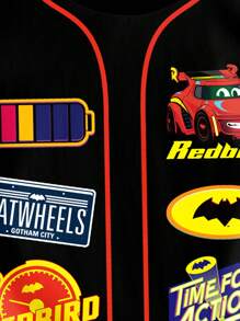 Batwheels X SHEIN 年轻男孩休闲街头字母与卡通图案撞色滚边短袖T恤，夏季