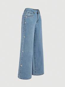 SHEIN MOD Women's Casual Distressed Rhinestone Embellished Wide Leg Jeans - Blue - View 1