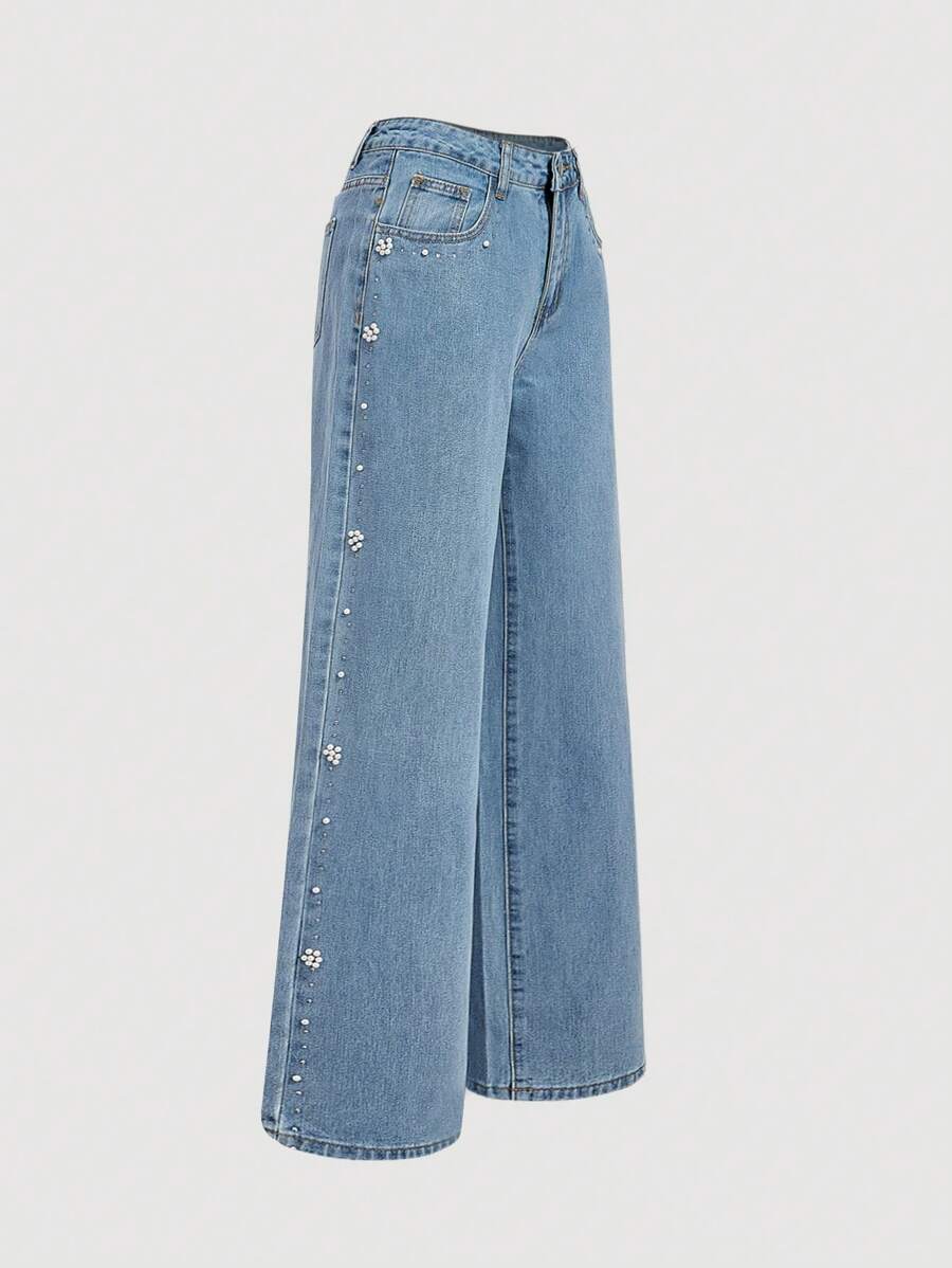 SHEIN MOD Women's Casual Distressed Rhinestone Embellished Wide Leg Jeans - Blue - View 1