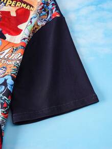 SUPERMAN X SHEIN Tween Boy Cartoon Graphic Black Casual Drop Shoulder Short Sleeve T-Shirt And Loose Shorts Sports Set - Multicolor - View 8