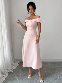 Elenzga 1pc Women's Off-Shoulder Waist Cinching A-Line Elegant Romantic Commuting Dress - Coral Pink - View 4