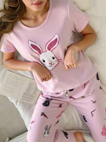 SHEIN 4 件套少女睡衣套装，短袖上衣和长裤，可爱的兔子和猫咪图案，柔软舒适的面料，简约风格，易于混搭，适合所有季节（2 套单独出售） - 彩色 - 查看 8
