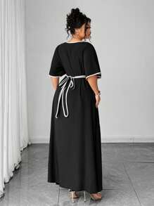 Elenzga Plus Size Women V-Neck Ruffle Sleeve Bowknot Back Bodycon Elegant Dress, Summer Outfit - Black and White - View 2