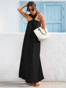 Vivid Eden Spring & Summer Vacation Halter Split Beach Dress,Women Summer Clothing,Vacation Style Vacation Dress - Black - View 3