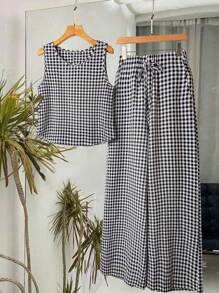 Rusticease 2件套女士格子圆领无袖上衣和阔腿裤夏季套装 - 黑與白 - 查看 6