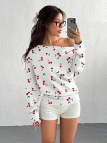 SHEIN EZwear 女款秋冬櫻桃印花不對稱肩設計極簡風衛衣 - 彩色 - 查看 5