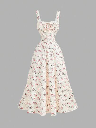 SHEIN MOD 方领蕾丝前片后褶碎花连衣裙，派对连衣裙，早午餐连衣裙，度假连衣裙，宴会连衣裙，情人节连衣裙，新年连衣裙，海滩度假装