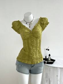 Elamini 女士方领刺绣腰部修身休闲衬衫，纯色，适合日常穿着，春夏季