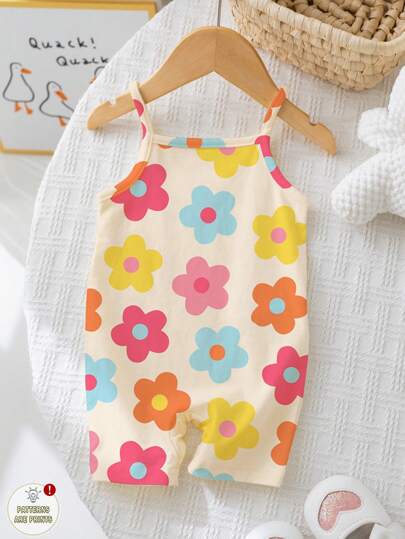 SHEIN Baby Girl Cute Hand-Painted Colorful Floral Print, Baby Girl Casual Strap Romper Suitable For Spring & Summer, "Little Blossoms, Cherished Little Joy, Casual Wear SS, Vanilla Style, Vacay Vibes, Chill Vacation"