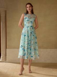 MOTF PREMIUM EMBROIDERY CONTRAST MESH COCKTAIL DRESS