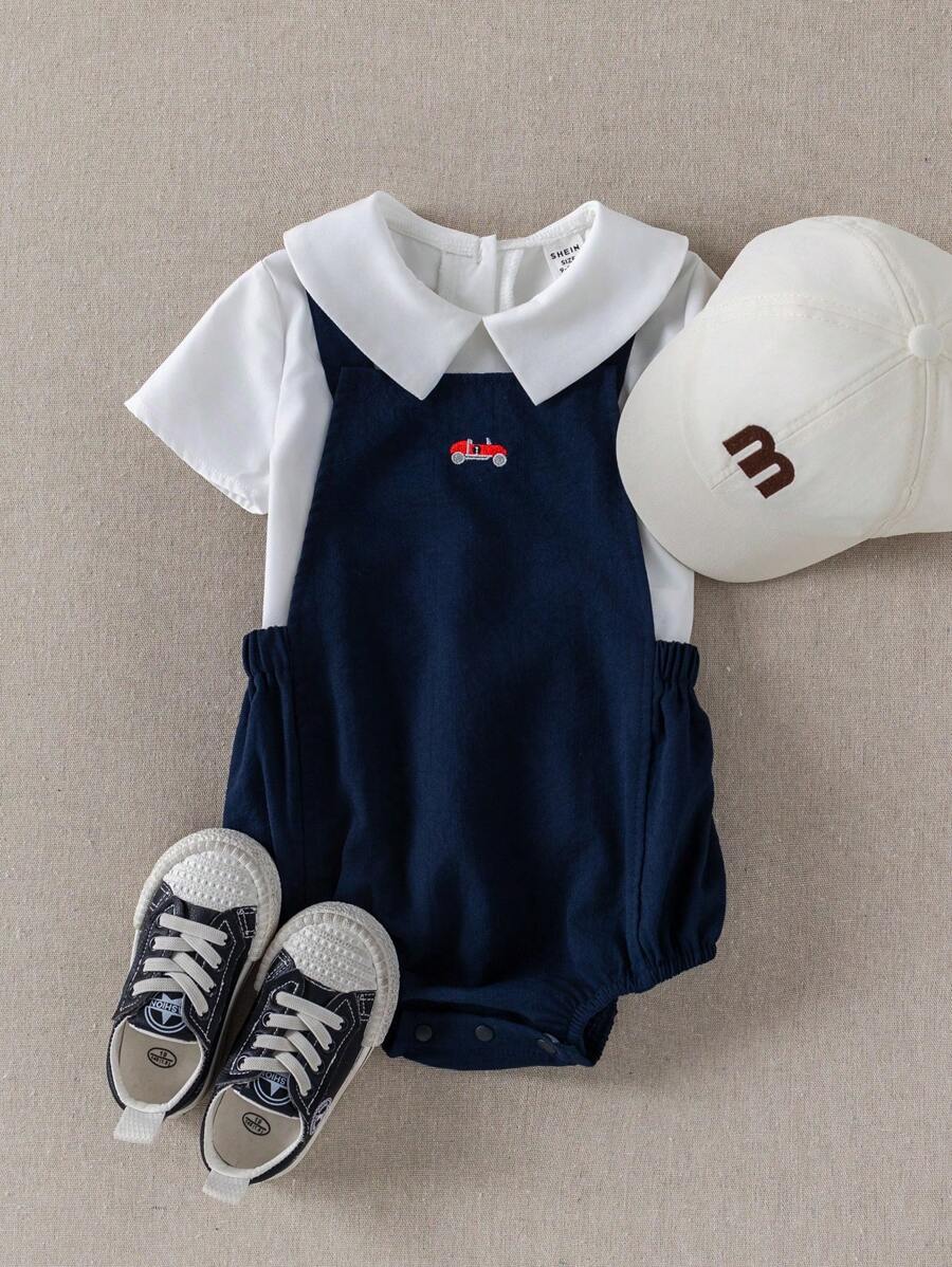 PrepCrw 男婴学院风翻领衬衫和海军蓝工装裤套装两件套，日常休闲服装