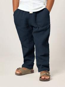 SUMWON 棉质透气休闲裤，夏季舒适透气，适合休闲度假穿着，弹性腰带，宽松版型。 - 藏蓝色 - 查看 3