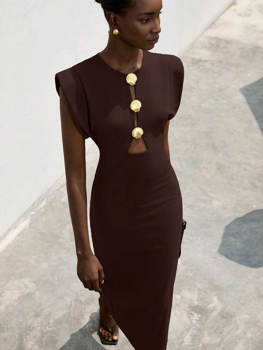 Aveloria Modichic Women's Hollow Metallic Buckle Waist Exaggerated Shoulder Dress - Brown - View 1