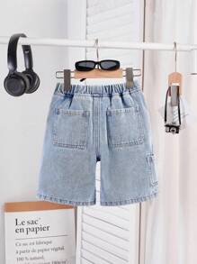 SHEIN Young Boy Summer Retro Casual Patch Loose Fit Baggy Blue Denim Shorts With Side Pocket For Kids Clothes Boys Costume Dailywear And Kids Four Seasons Clothes
