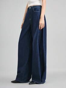 Ontre Jeans de tiro bajo de color azul oscuro con pierna ancha para mujer, jeans casuales de ajuste holgado para primavera/verano, jeans de vestir casual, para oficina/profesora