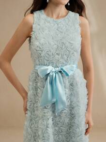 Anewsta 女士优雅提花玫瑰印花透视中长连衣裙，春夏装，花裙 - 藍色 - 查看 6