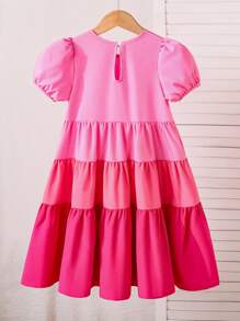 Vestido casual de línea A midi con mangas abullonadas, diseño de capa degradada para niñas (talla pequeña)