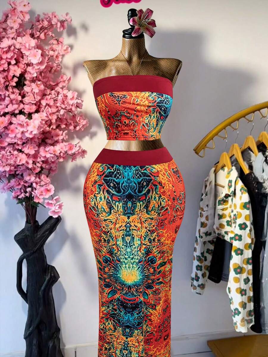 Flirla Plus Size Women's Spring/Summer Strapless Contrast Geometric Print Top + Contrast Geometric Print Pencil Skirt 2 Pieces Set - Multicolor - View 1