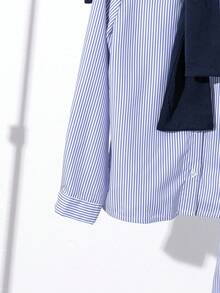 3pcs Tween Girls Striped Long Sleeve Shirt + Wide Leg Striped Pants + Shawl Casual Set Fall Winter - Navy Blue - View 5