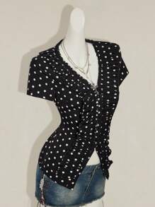 SHEIN ICON Black & White Polka Dot Top Pattern Pleated Decoration Women Blouse - Black and White - View 5