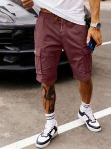 Manfinity Homme Loose Men's Drawstring Waist Flap-Pocket Summer Cargo Shorts - Burgundy - View 3