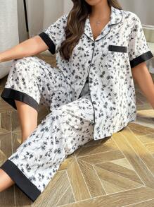 SHEIN Plus Size Women Floral Print Contrast Color Pocket Shirt And Pants Pajama Set