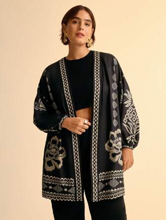 CAJUNI Kimono lungo da donna taglie forti, con stampa tropicale di alberi di cocco e fiori, manica lunga, aperto davanti, stile boho resort