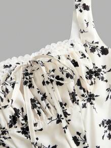 SHEIN MOD Square Neck Lace Front Panel Gathered Back Tie Floral Dress, Party Dress, Brunch Dress, Vacation Dress, Banquet Dress, Valentine's Day Dress, New Year's Dress,Beach Vacation Outfits