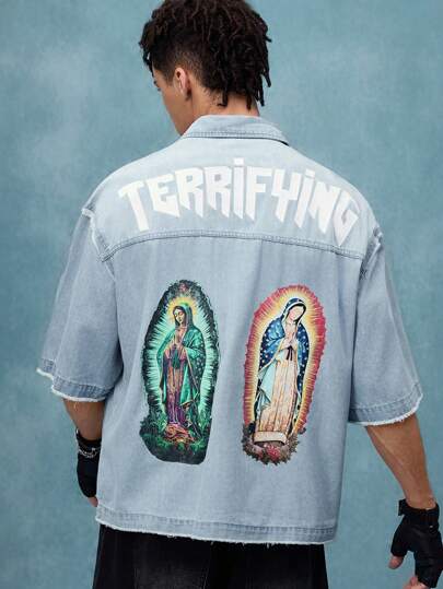 Street Life Camicia di jeans oversize con stampa, top in jeans a maniche corte