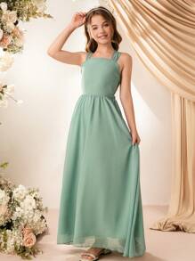少女法式腰带 A 字裙，派对婚礼优雅花童伴娘度假连衣裙 - 綠色 - 查看 8