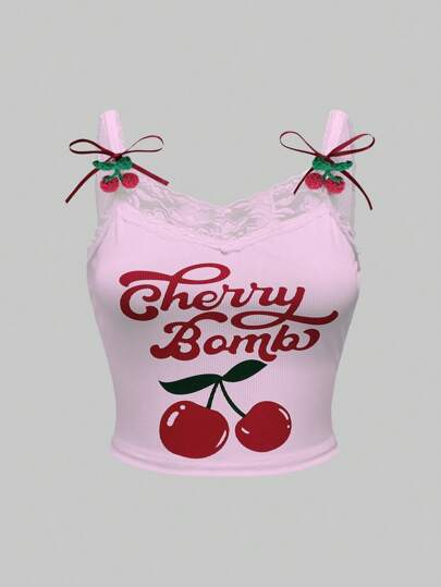 Kawaii Camiseta sin tirantes informal de talla grande para mujer con estampado de cerezas y encaje, de capas