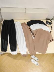 SHEIN Leap Crew 6pcs/Set Tween Boys Children Clothing, Oversized T-Shirt With Round Neck Striped Ribbon Pattern, Sweatpants, Suitable For Commuting, School, Daily Casual, Sports, Autumn/Winter - Khaki - View 2